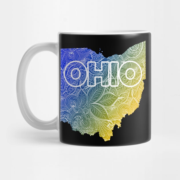 Colorful mandala art map of Ohio with text in blue and yellow by Happy Citizen